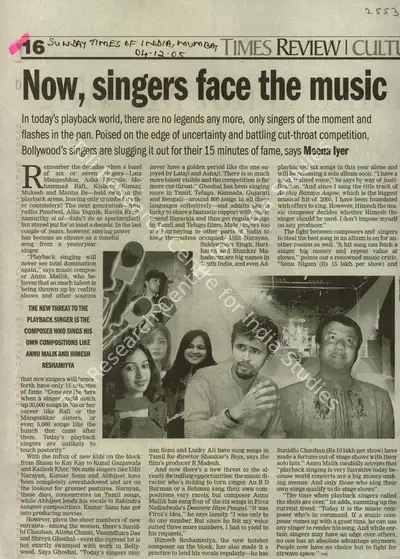 Meena Iyer (Reporter), Now, Singers Face The Music, 2005, Newspaper Clipping