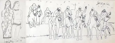 F.N. Souza (Artist), Two Women, 1955, Drawing