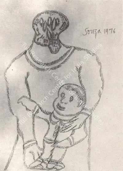 F.N. Souza (Artist), Self Portrait with Son, 1976, Drawing
