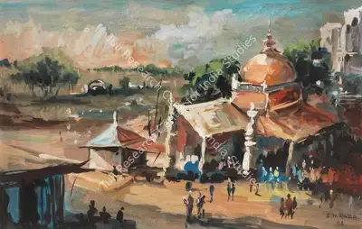 S.H. Raza (Artist), Untitled (A Temple scene), 1948, Painting
