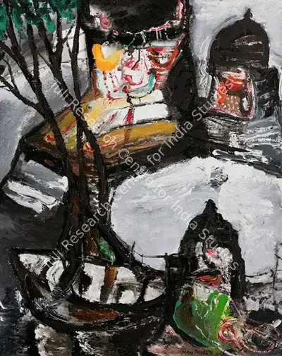 Manu Parekh (Artist), Moonlight: Boat and Temples, 1995, Painting
