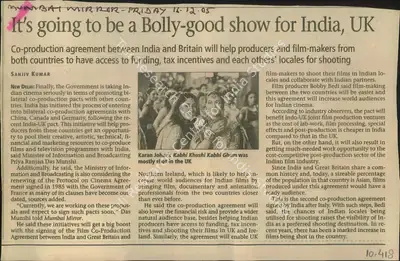 Sanjiv Kumar (Reporter), It's going to be a Bolly-good show for India, UK, 2005, Newspaper Clipping