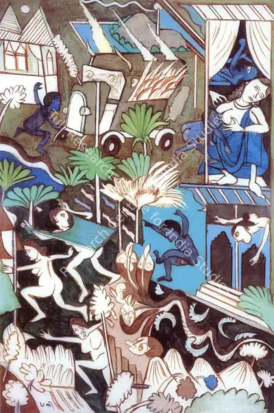 Subramanyan, K.G. (Artist). Black Boys Fight with Demons. Watercolour and Oil on Acrylic Sheet , 1986 | K.G. Subramanyan, 2003 | Painting | FineArts | 00566172