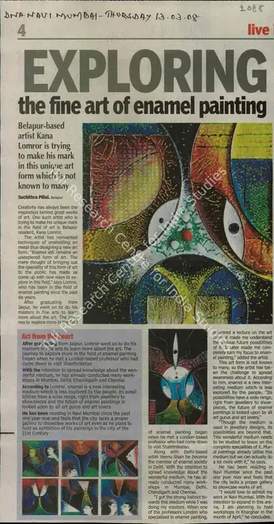 Suchithra Pillai (Reporter), Exploring The Fine Art Of Enamel Painting, 2008, Newspaper Clipping