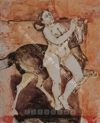 Jamil Naqsh (Artist), Female Nude With Horse, 1982, Painting