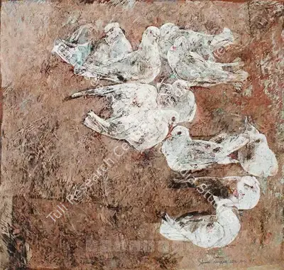 Jamil Naqsh (Artist), Pigeons, 1965, Painting