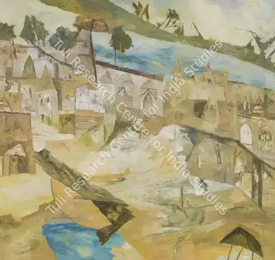 Ramkumar (Artist). Benares Landscape, 1997 | Painting, Sa.Onl/19.06.25, 2025 · Saffronart