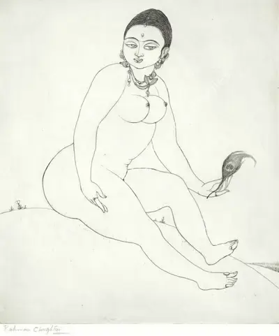 M.A.R. Chughtai (Artist), Untitled (Seated Nude), Graphic Art