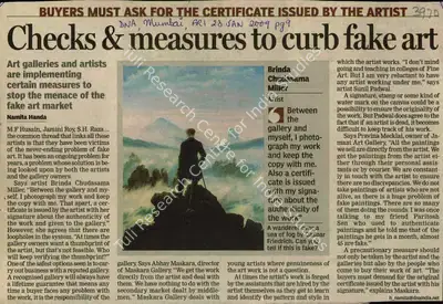 Namita Handa (Reporter), Checks & Measures to Curb Fake Art, 2009, Newspaper Clipping