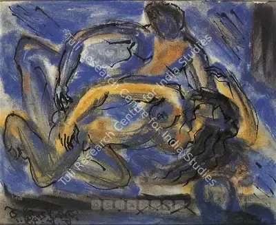 Ramkinkar Baij (Artist), Couple On Charpayi, 1976, Painting