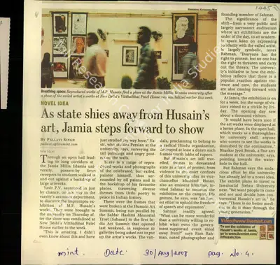 Pallavi Singh (Reporter), As State Shines Away from Hussain's Art, Jamia Steps Forward to show, 2008, Newspaper Clipping