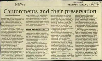 Mukund Padmanabhan (Reporter), Cantonments and their Preservation, 2003, Newspaper Clipping
