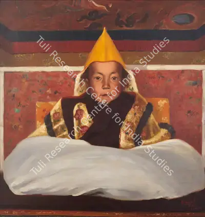 Krishna, Kanwal (Artist). Portrait of His Holiness the 14th Dalai Lama at his enthronement. Oil on canvas laid to board, 1940 | Painting | EconomicsArt | 00870435