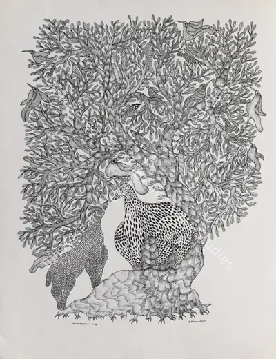 Jangarh Singh Shyam (Artist), Ghui Jhaad Hiran (Drooping Fig Tree, Deer) (Gond Art), 1995, Drawing & Sketch
