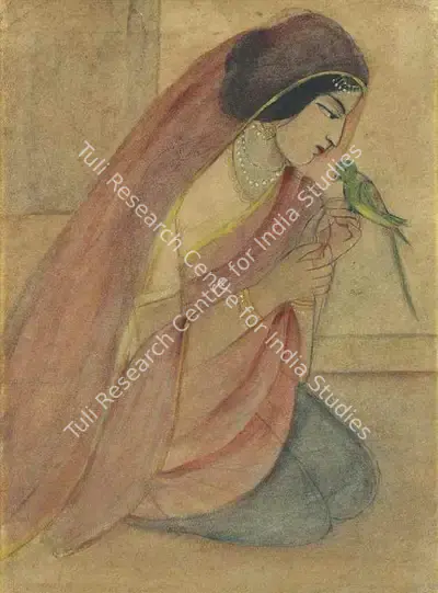 Sunayani Devi (Artist), Untitled (Lady with Parrot), 1925, Painting