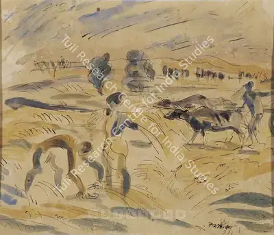 Ramkinkar Baij (Artist), Farmers Harvesting, 1943, Painting