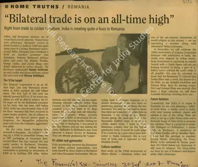 Huma Siddiqui (Reporter), Bilateral Trade is on an all-time high, 2007, Newspaper Clipping