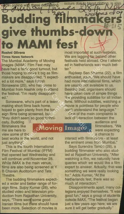 Roshni Olivera (Reporter), Budding Filmmakers give Thumbs-down to MAMI fest, 2001, Newspaper Clipping