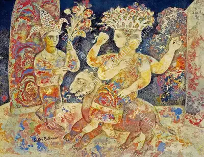 Sakti Burman (Artist), The Jester Man and Girl on a Ram, 1998, Painting