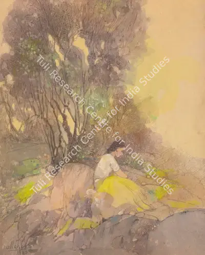 Ustad Allah Bukhsh (Artist), Untitled (Lady In The Forest), 1963, Drawing
