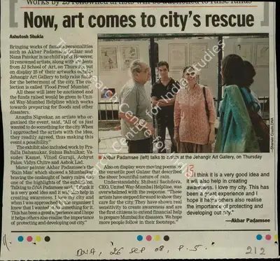 Akbar Padamsee (Reporter), Now, Art Comes to City's Rescue, 2008, Newspaper Clipping