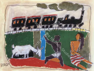 Husain, M. F. (Artist). Appu and the Train (Pather Panchali). Oil Crayon on paper, n.d. | Maqbool Fida Husain, 2008 | Drawing | FineArts | 00495205