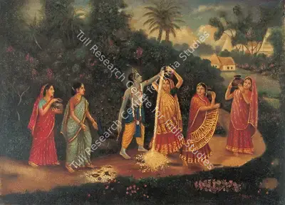 Attributed to P. Haldar (Artist), Krishna, Radha and Gopinis, 1919, Painting
