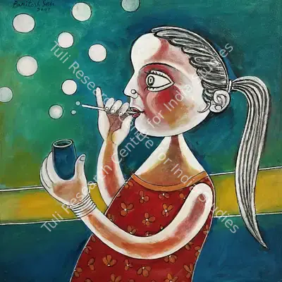 Paritosh Sen (Artist), Young Girl Making Soap Bubbles, 2001, Painting