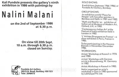 Nalini Malani (Artist), Nalini Malani, 1986, Solo Exhibition Invitation