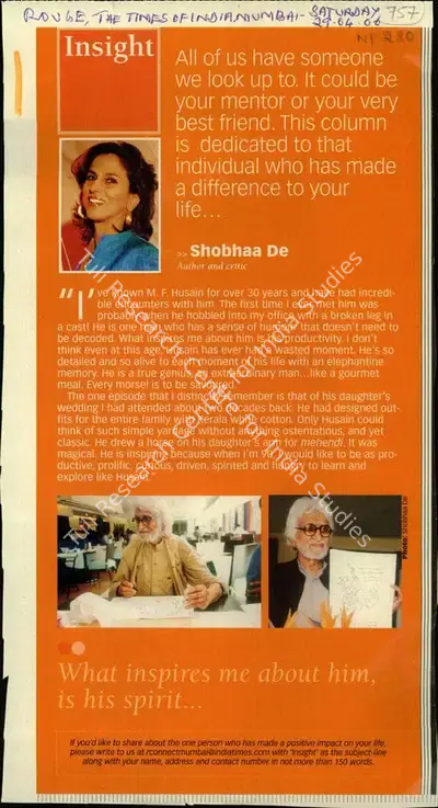 Shobha De (Writer), What Inspires Me About Him, is His Spirit, 2006, Newspaper Clipping