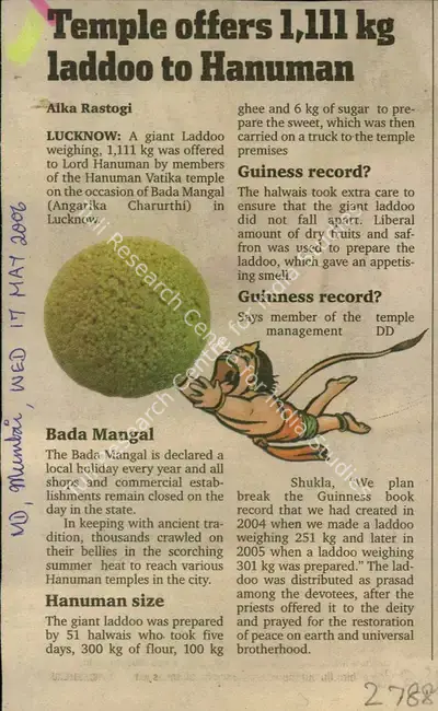 Alka Rastogi (Reporter), Temple Offers 1,111 Kg Laddoo to Hanuman, 2006, Newspaper Clipping