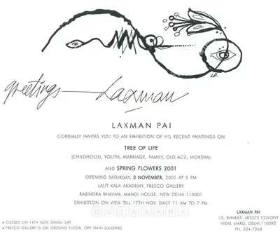 Laxman Pai (Artist), Tree to Life (Childhood, Youth, Marriage, Family, Old Age, Moksha) and Spring Flowers, 2001, Solo Exhibition Invitation