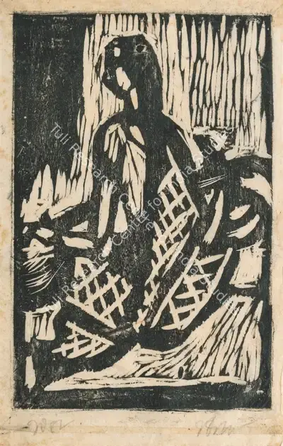 B.B. Mukherjee (Artist), Veena Player, 1942, Graphic Art