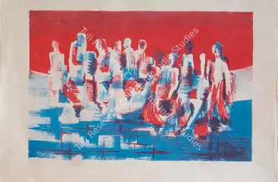 Somnath Hore (Artist), Untitled (Figures in Red & Blue), 1962, Painting