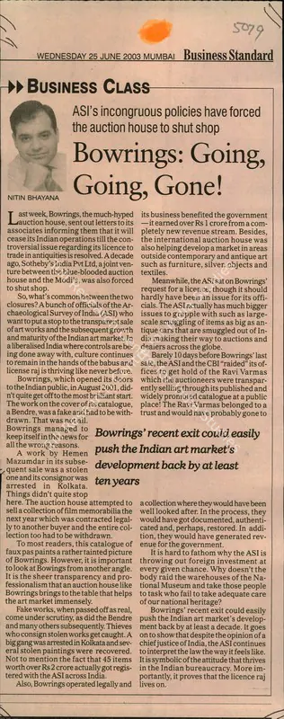 Nitin Bhayana (Reporter), Bowrings: Going, Going, Gone, 2003, Newspaper Clipping