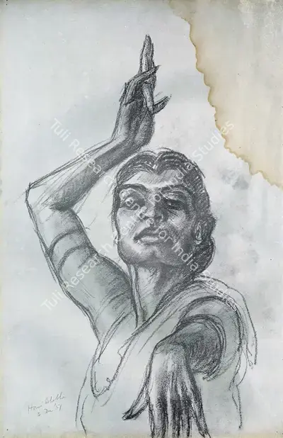 Homi J. Bhabha (Artist), Shanta in a Bharata Natyam Pose, 1951, Sketch