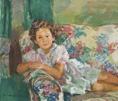 Walter Langhammer (Artist), Untitled (Portrait of a Child Reclining on a Sofa), 1940, Painting