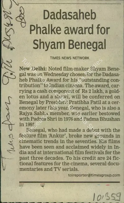 Dadasaheb Phalke Award for Shyam Benegal, 2000, Newspaper Clipping