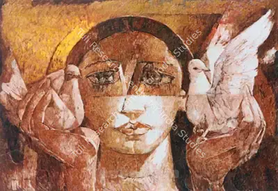 Jamil Naqsh (Artist), Untitled (Woman With Pigeons), Painting
