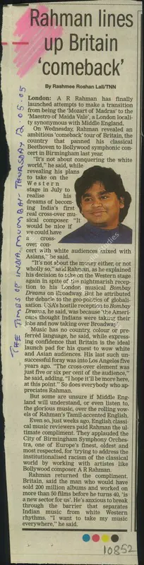 Rashmee Roshan Lall (Reporter), Rahman Lines Up Britain 'Comeback', 2005, Newspaper Clipping