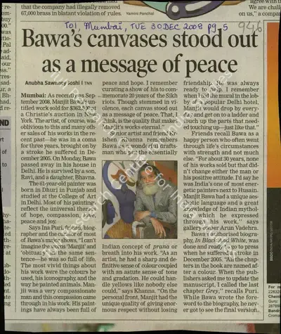 Anubha Sawhney Joshi (Reporter), Bawa's Canvases Stood Out as a Message of Peace, 2008, Newspaper Clipping