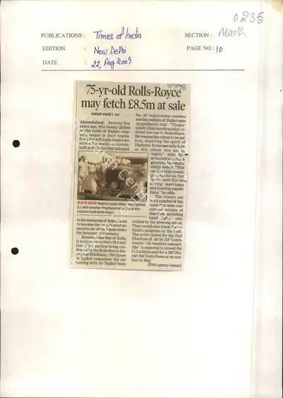 Ashish Vashi (Reporter), 75-Yr-Old Rolls-Royce Amy Fetch 8.5M Pound at Sale, 2009, Newspaper Clipping