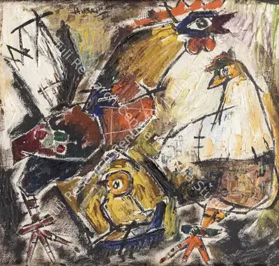 M.F. Husain (Artist), Untitled (Cockerels), 1951, Painting