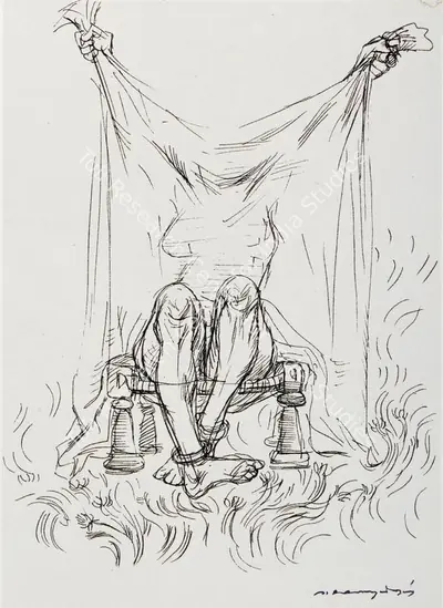 A. Ramachandran (Artist), Yellow Robes, Three Sketches, Drawing