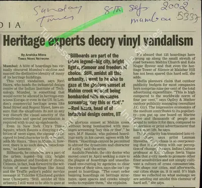 Anshika Misra (Reporter), Heritage Experts decry vinyl Vandalism, 2002, Newspaper Clipping