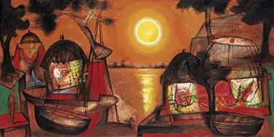 Manu Parekh (Artist), Sunset Prayer at Banaras, 2012, Painting