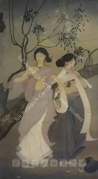 Majumdar, Kshitindranath (Artist). Radha And Lalita. Watercolour and wash heightened with gold on paper pasted on cardboard, late 1940s | Painting | FineArts | 00898195