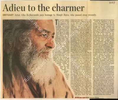 Alka Raghuvanshi (Writer), A Dieu to the Charmer, 2009, Newspaper Clipping