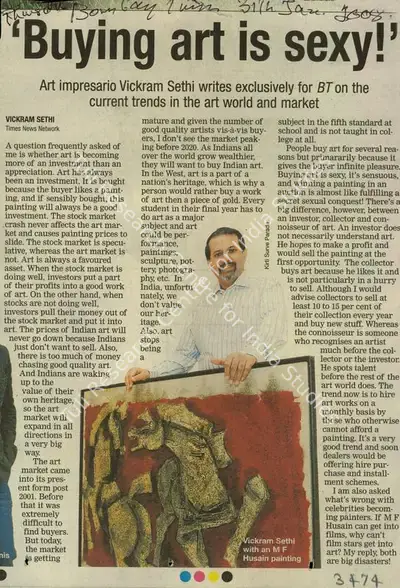 Vickram Sethi (Writer), Buying Art is Sexy, 2008, Newspaper Clipping
