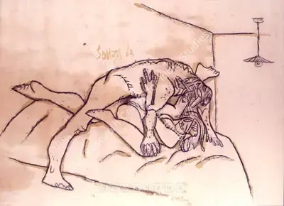 F.N. Souza (Artist), Couple On Bed, 1963, Painting